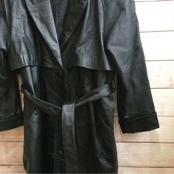 VINTAGE LIZ BAKER ESSENTIALS BLACK LEATHER FULL LENGTH TRENCH COAT - Picture 6 of 12